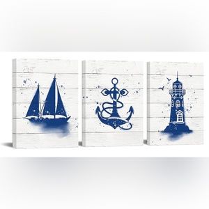 RnnJoile Wall Art Blue Anchor Sailboat Lighthouse Canvas Navy Ocean Theme